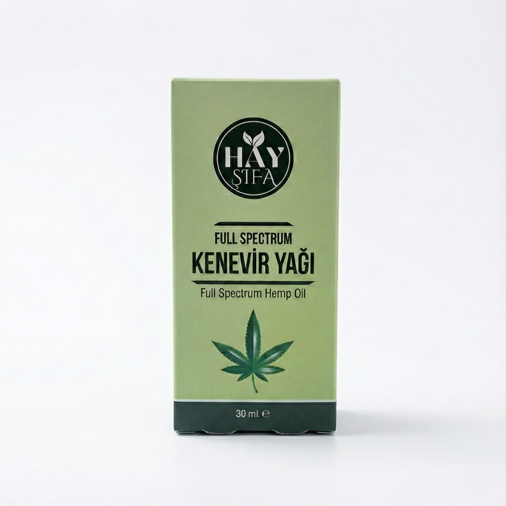 Hay Şifa Full Spectrum Kenevir Yağı — damlalıklı cam şişe ve ürün ambalajı